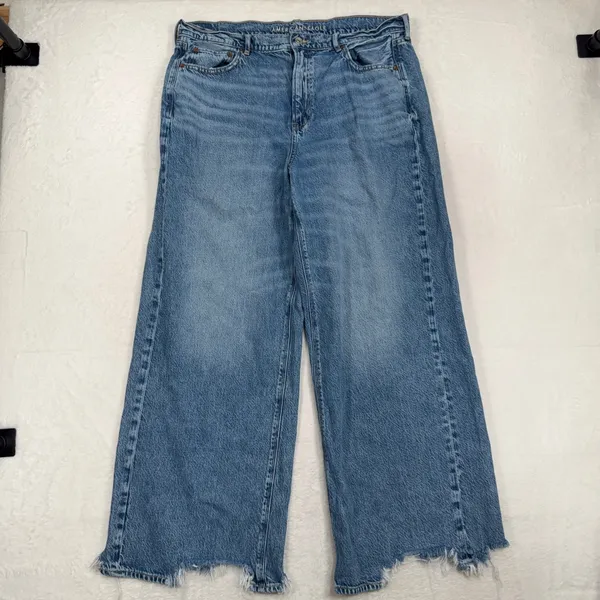 American Eagle 16 Jeans Super High Rise Baggy Wide Leg Raw Hem Blue Denim Grunge - Image 3