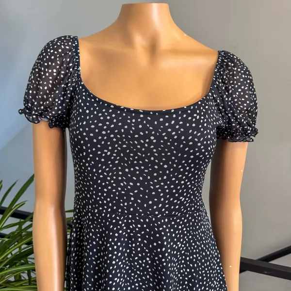 Altar'd State Black White Polka Dot Fit & Flare Puff Sleeve Mini Dress - Large - Image 3