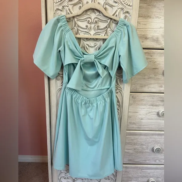 ASOS Mint Aqua Open Back Bow Mini Dress Coquette regency Fit Flare Size NWT 6 - Image 5