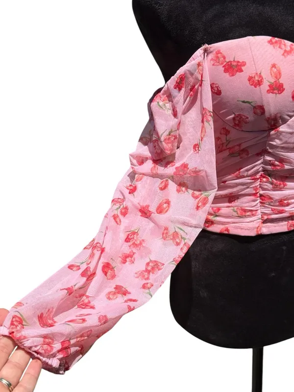 Fore Pink‎ Floral Mesh Ruched Bustier Crop Top Long Sleeve Square Neck Size L - Image 5