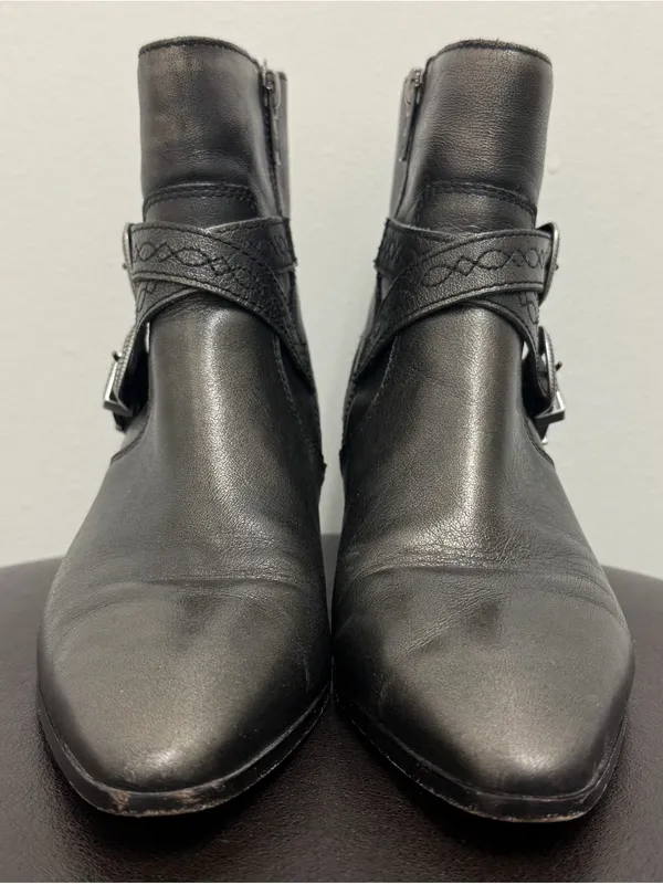 Frye Dark Pewter Leather Ellen Buckles Pointed Toe Block Heel Ankle Boots 7.5 M - Image 5