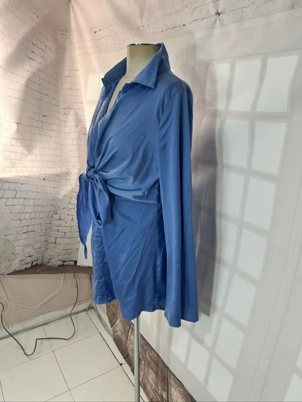 Hello Molly Blue New Perspective Satin Long Sleeve Mini Shirt Dress Size Medium - Image 3