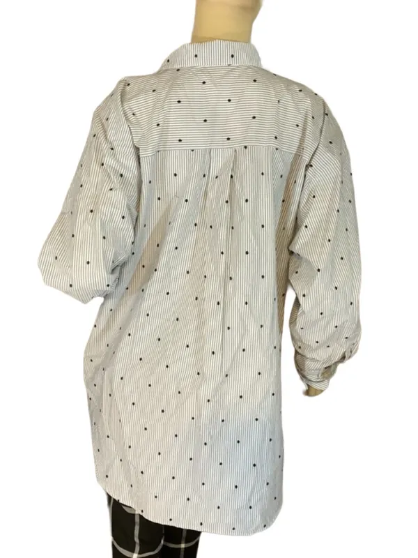 Loft Gray, Black & White Stripes & Polka-Dot Cotton Button Down Top (L) - Image 6