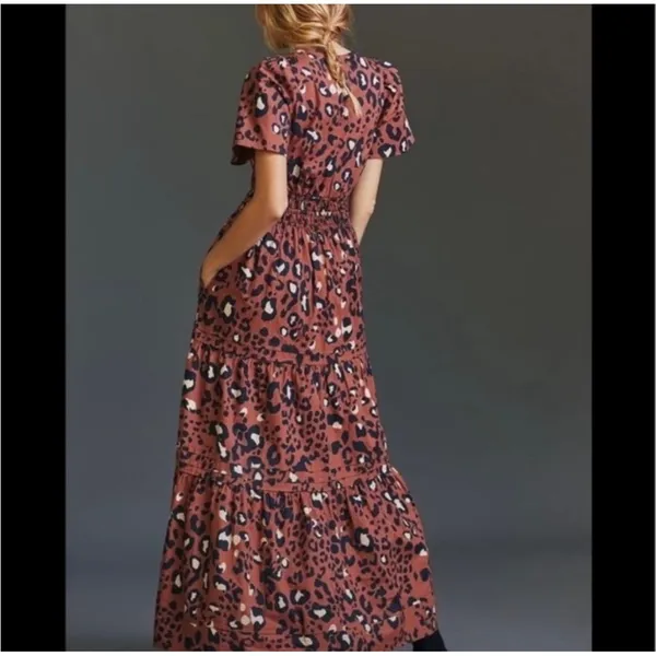 Anthropologie Somerset Maxi Dress Leopard Print Tiered Smocked Rust Brown Medium - Image 2