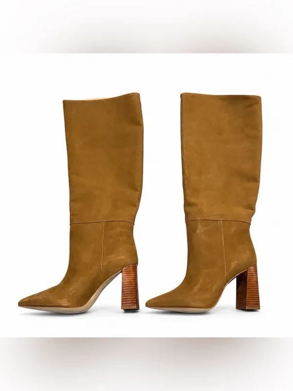 Camel Pointed Toe Mid Calf Block Heel Boots Leather Upper Size 9.5M Tan - Image 3