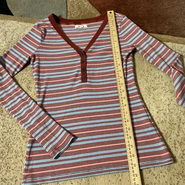 Madewell Striped Ribbed Henley Top Women S Blue Pink Long Sleeve V-Neck MB172 - Image 2