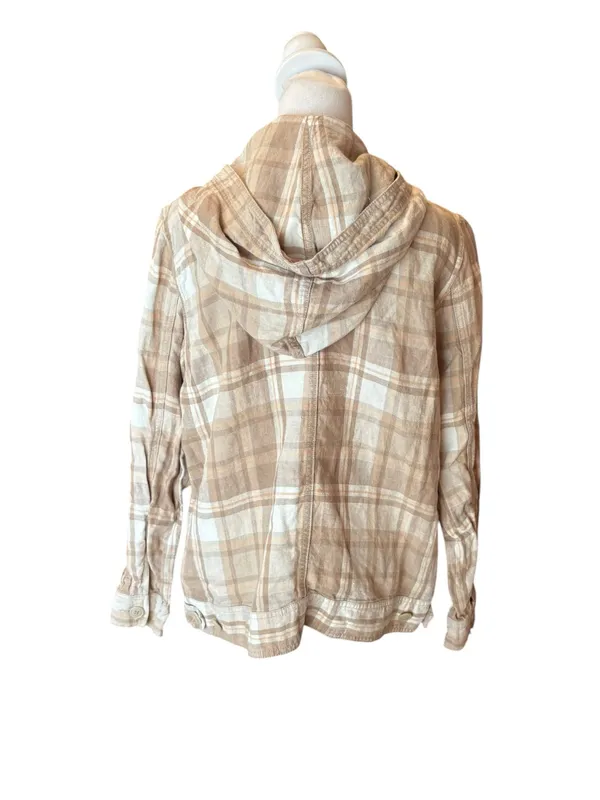 Eddie Bauer Linen Plaid Zip Up Hooded Jacket Size Large Tan Brown Orange - Image 2