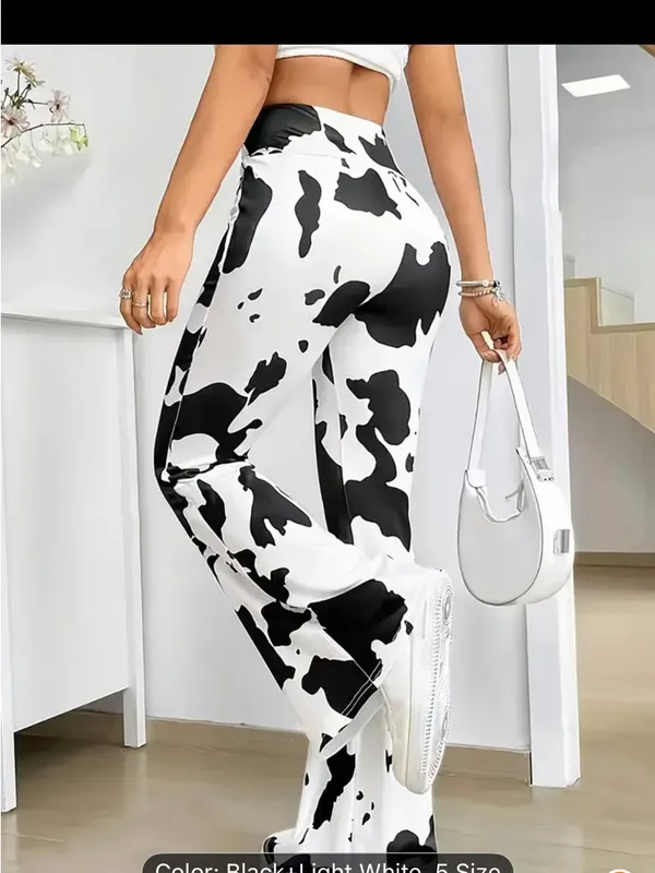 Y2K Western Flare Leggings Black White Cow Print Bell Bottom Pants - Image 4