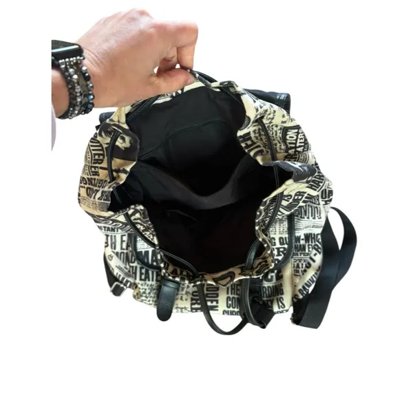 Black & White Newspaper Print Drawstring Backpack - Image 11