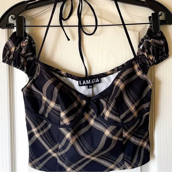I.AM.GIA Carmel Top Black Check Plaid Halter-Tie Puff Sleeve XS‎ EUC - Image 3