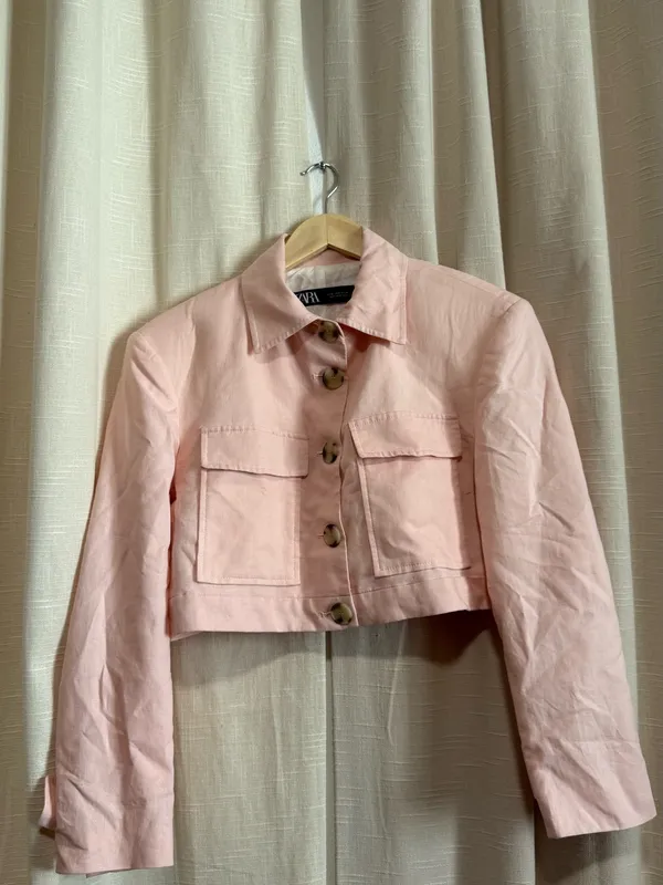 Zara Soft Pink Cropped Linen Cotton Blend Jacket - Image 4