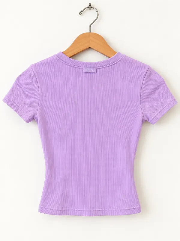 SKIMS Lavender Ribbed Fitted Crewneck Cropped Top XS Stretch Short Sleeve Lounge - Image 4