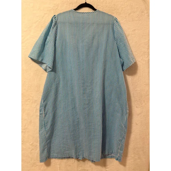 Vintage Blue White Striped Floral Embroidered Snap Front Duster House Dress XL - Image 4