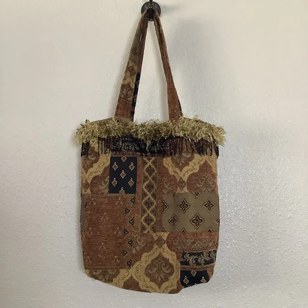 Vintage Handmade Tapestry Unique Patchwork Fringe‎ Artsy Goblincore Shoulder Bag - Image 5