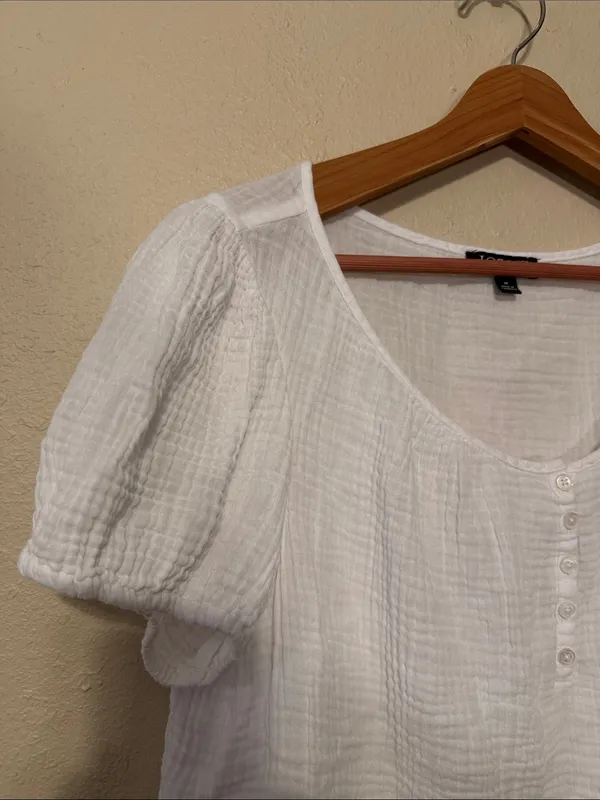 J.Crew Puff-sleeve henley top in gauze White Preppy Feminine Cotton Size Medium - Image 3