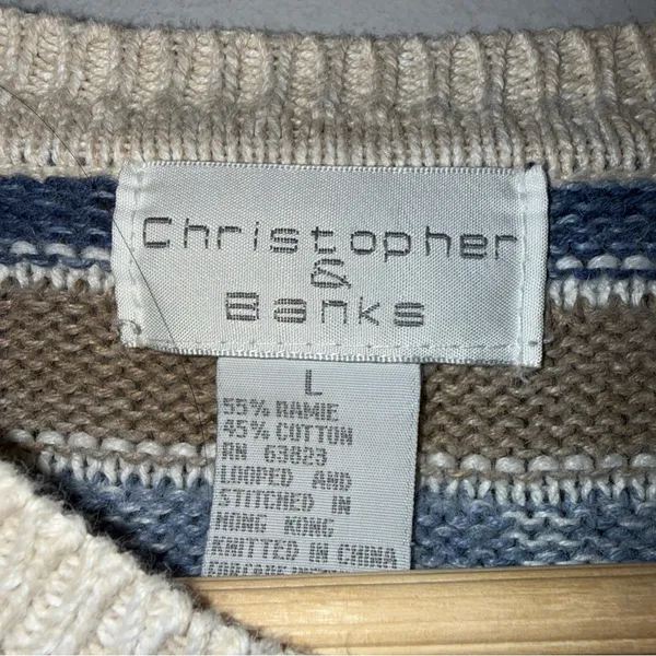 Vintage Christopher & Banks Blue Tan Brown Stripe Crew Neck Cardigan‎ Large - Image 4