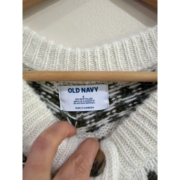 Old Navy Womens Fair Isle Cardigan Sweater Cream‎ Brown Blue Button Front Small - Image 6