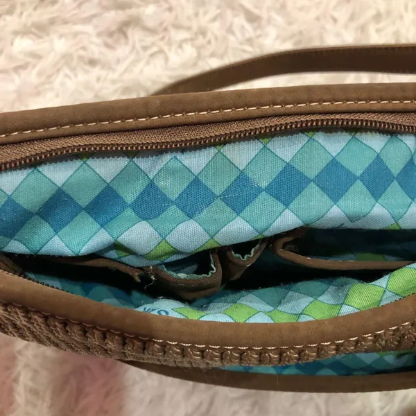 The Sak Woven Crochet Hobo Bag Tan Beige Plaid Lining - Image 8