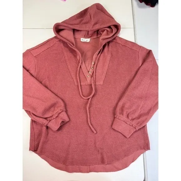 New In Waffle Knit Henley Hoodie‎ Dusty Rose Balloon Sleeve Pullover NT10889 M - Image 2