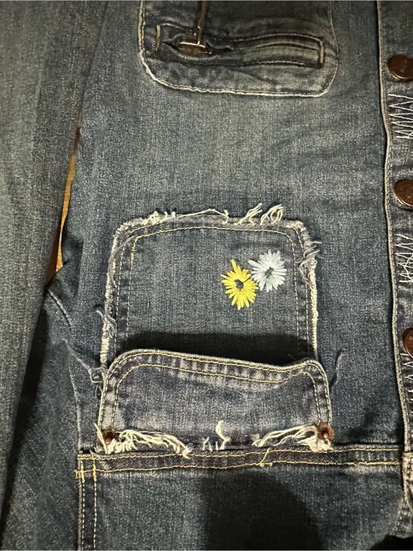 Blue Asphalt Vintage Denim Jacket Large Embroidered Flower Plaid Trim Y2K Cut - Image 3