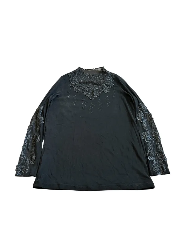 Black High Neck Long Sleeve Top Embroidered Rhinestones Gothic Romantic Witchy - Image 3