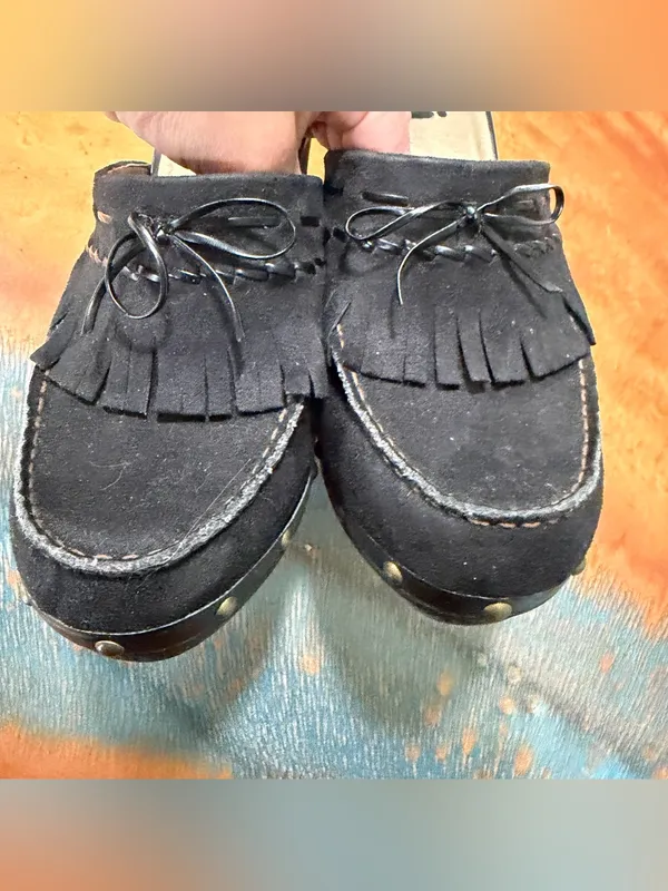 Vintage lei Anetteco Black Vegan Suede Fringe Stud Platform Mules size 9 - Image 6