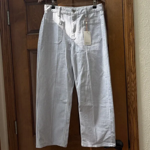 QUINCE Bella Stretch Patch Pocket Wide Leg Jeans in Railroad Stripe Size 29 NEW - Image 4