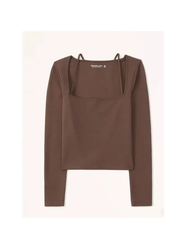 Abercrombie & Fitch Long Sleeve Strappy Ponte Top Brown Large - Image 3