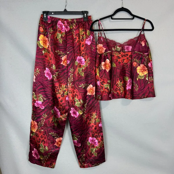 Sophia Delicates 2Pc Satin Pajama Set M Burgundy Floral Animal Print Lace Cami - Image 2