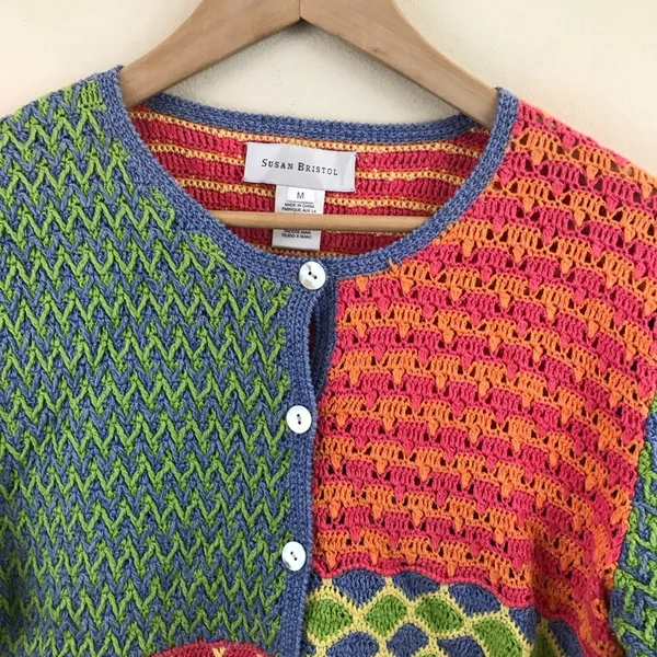 Susan Bristol Y2K 2000s Vintage Crochet patchwork Grandma cardigan sweater M - Image 2