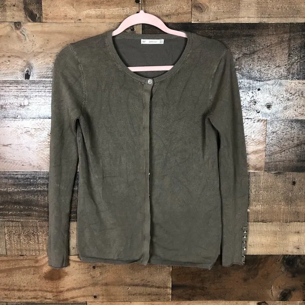Zara Knit Women Olive Green Button Front Cardigan Sweater Cuff Detail Size M‎ - Image 6