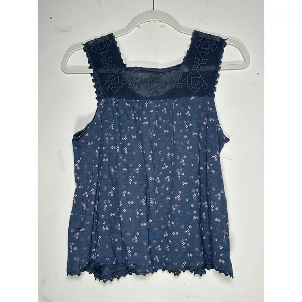 Lucky Brand Blue‎ Floral Sleeveless Button Down Mesh Yoke Top XS Relaxed Fit - Image 2