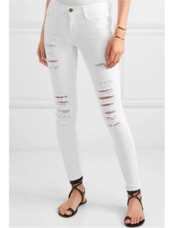 Frame Denim Le Skinny‎ De Jeanne Raw Hem Distressed Ripped White Jeans 24 $225 - Image 2