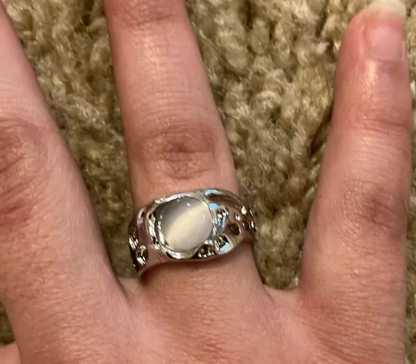 Silver Moonstone Gemstone Textured Antique Vintage Adjustable Open Ring - Image 4