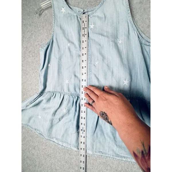 Velvet‎ Heart Peplum Tank Top Light Blue Chambray White Embroidered Stars Med - Image 7