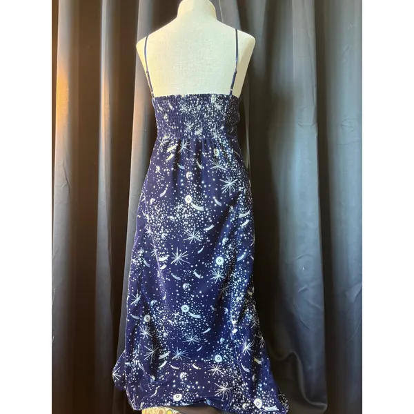 Celestial Navy Blue‎ Velvet Star Print Midi Dress V-Neck Slit Small - Image 2