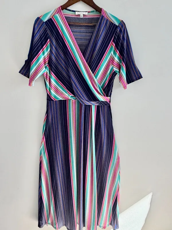 Chaus Women Striped Faux Wrap Midi Dress Large Multi Color Retro Preppy Top - Image 5
