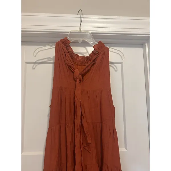 Entro Rust Orange Gauze Tie Neck Tiered Sleeveless Tank Boho Maxi Dress Small - Image 7