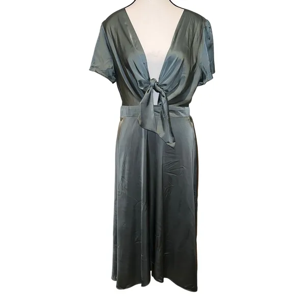 Baltic Born Poppy Satin Midi Dress Dark Sage Green V-Neck Peek Tie Front Size L - Image 2
