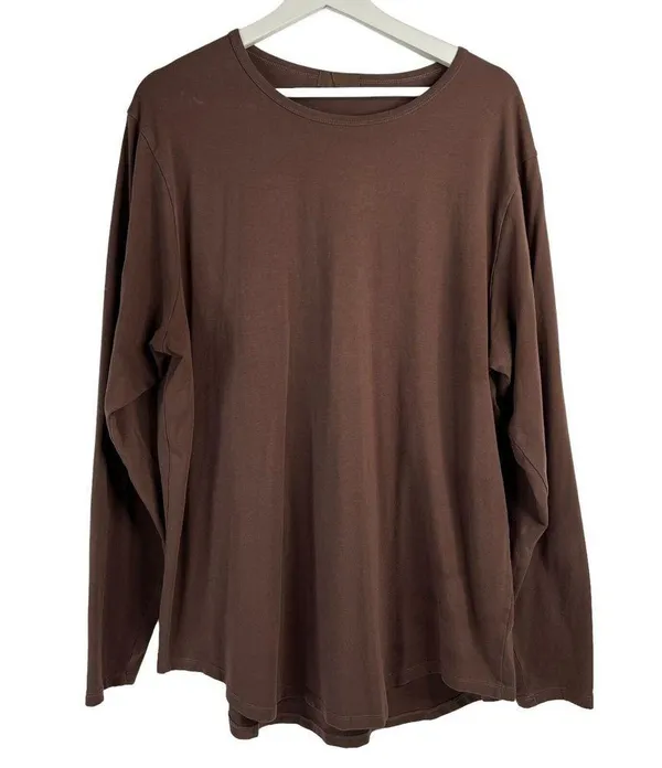 Nuuds Sz XXL Tee T-Shirt Crewneck Long Sleeve Loose Fit Curved Hem Stretch Brown - Image 2