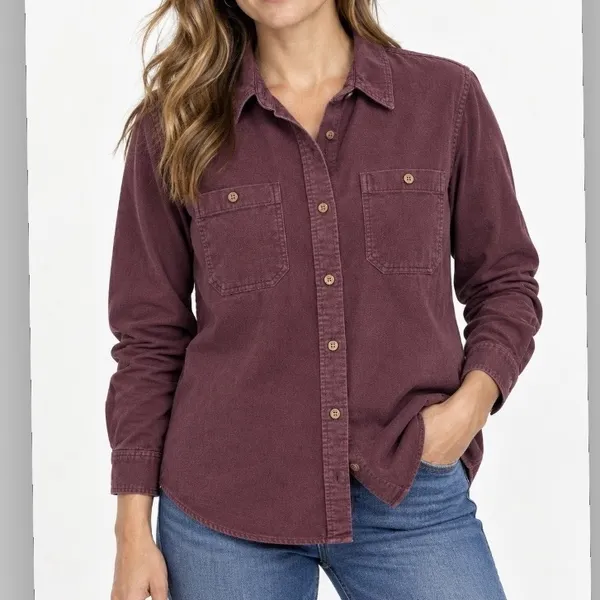 LL Bean Burgundy Cotton Flannel Chamois Button Shirt Pockets Casual LARGE - Image 2