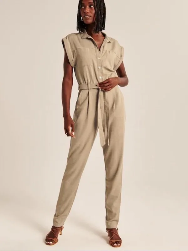 Abercrombie & Fitch Tan Soft Button Front Utility Jumpsuit Sz S Like New - Image 9