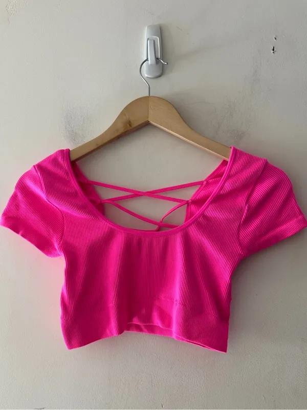 Aerie Real Good Hot Pink Ribbed Criss Cross Strappy Back Crop‎ Top - Image 2