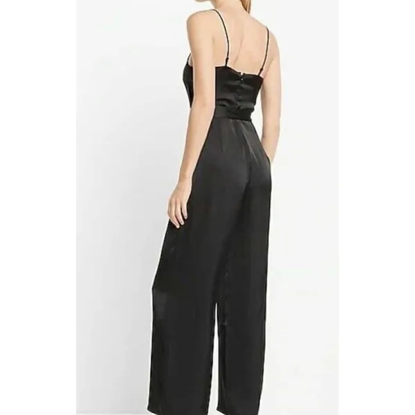 Express Black Satin Cowl Neck Wide Leg Tie‎ Waist Spaghetti Strap Jumpsuit - Image 2
