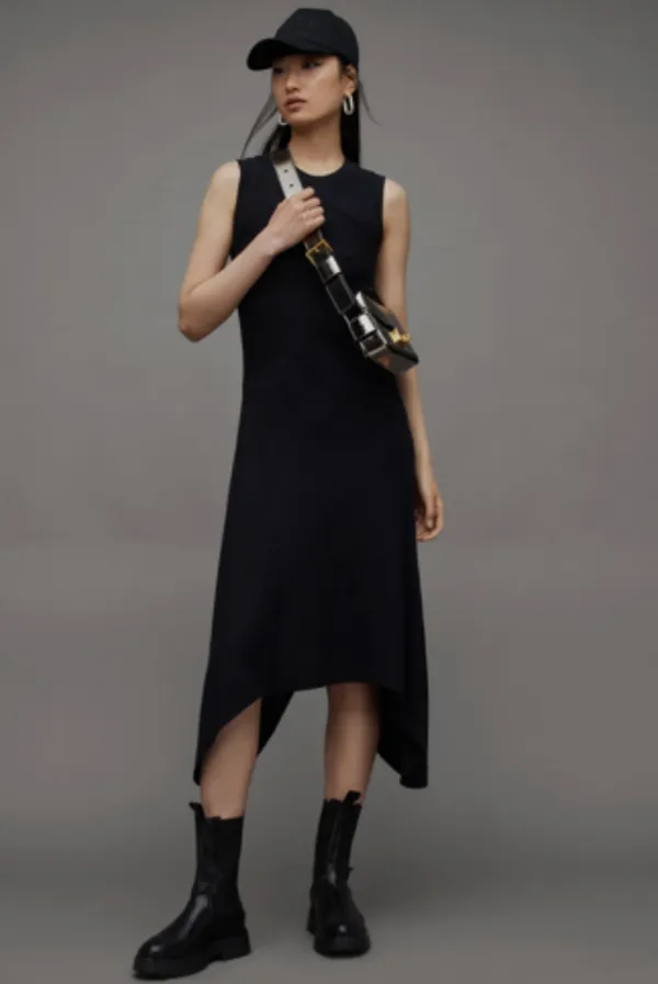 AllSaints Gia Black Asymmetric Midi Dress Ribbed High Low Size 6 - Image 2
