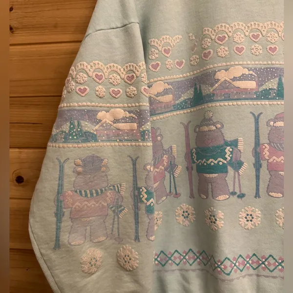 VNTG 1990 Lifestyles XL Puffy Paint Skiing Bears Snowflake Pullover Sweatshirt - Image 2