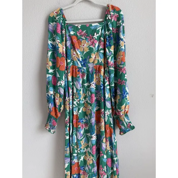 PRETTYGARDEN Green Tropical Floral Maxi Dress Smocked Cuff Square‎ Neck Boho M - Image 5