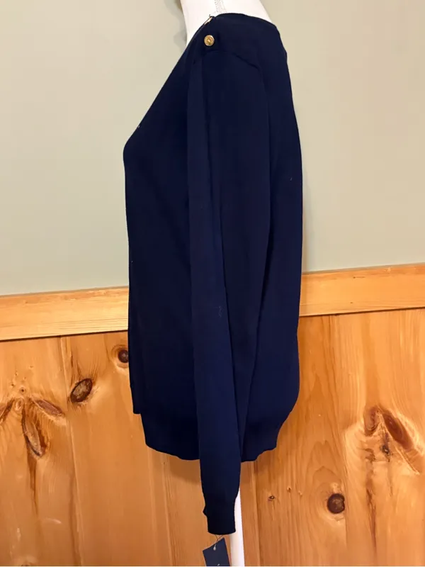 Tommy Hilfiger Navy Off-the-Shoulder Sweater with Gold Shoulder Buttons XL NWT - Image 3