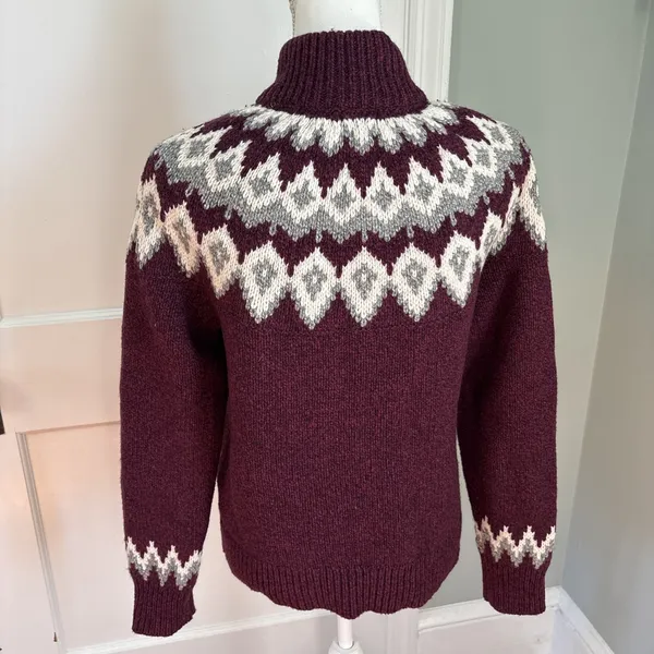 LL Bean Lambs Wool Knit Cardigan Sweater Zip Fair Isle Burgundy Small - Image 3