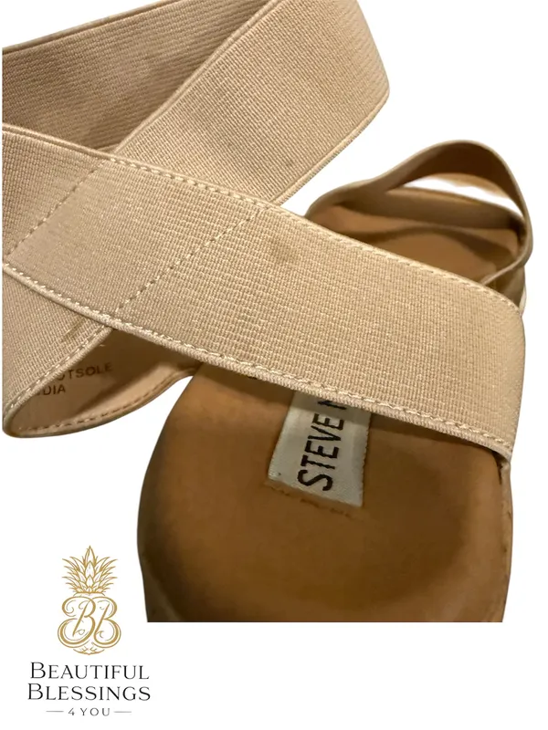 Steve Madden platform Sandals Women 8.5 Beige Elastic Strap Cork Wedge Comfort - Image 10